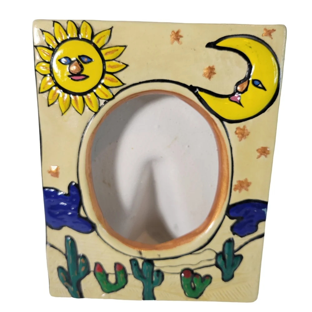 Mexican clay moon sun and cactus picture frame